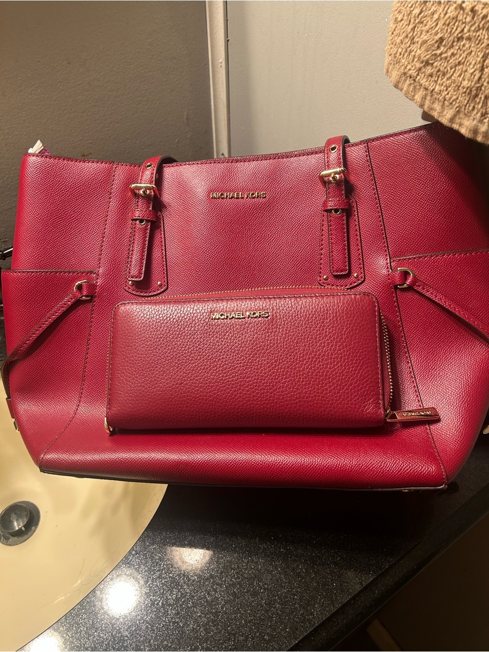 Michael Kors Cherry Red Leather Tote with Matching Wallet